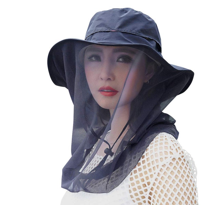 Jackcell Mosquito Head Net Hat, Safari Hat Sun Hat with Mesh Protection from Insect Navy Blue - Image 1